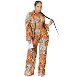 Sexy Two Piece Sets Outfits for Women Floral Print Loose 3 Piece Pants Suit Casual Long Sleeve Trousers Playsuit