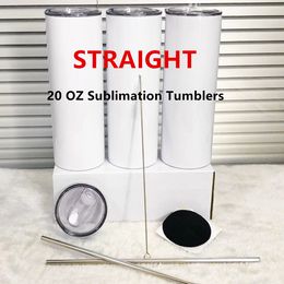 US Warehouse 20oz Sublimartion Straight tumblers with Steel Straw Lid Stainless Steel tumbler Coffee Mug Sublimation Blanks Water Bottle 50cups/box ss1215