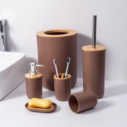 Bath Accessory Set 6pcs Bamboo Room Bathroom Accessories Toothbrush Holder Soap Dispenser Toilet Brush Trash Can Essential