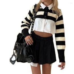 Women's Polos Stripe Sexy Crop Top Y2K Crocheted Shawl Long Sleeve Cover-ups Knitted T-shirt H7EF