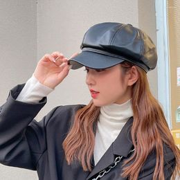 Berets Pu Faux Leather Baret Women Sboy Gatsby Cap Octagonal Baker Peaked Beret Driving Hat Female Hats Painter Tour