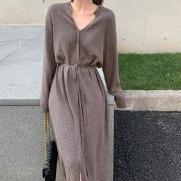 Ethnic Clothing Fashion Women's Solid Color Long Sleeve V-neck Casual Knitted Dress Autumn Winter Knitwear Sweater Vestidos