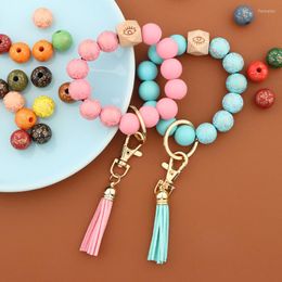 Keychains Printed Wooden Beads Keychain PU Leather Tassel Beaded Bracelet Accessories Key Chains Keyrings For Women Jewelry Gift