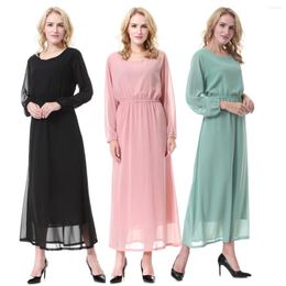 Ethnic Clothing Women Abaya Muslim Long Sleeves Crew Neck Chiffon Islamic Maxi Dress Saudi Arab Lady Dubai Female Thobe Clothes