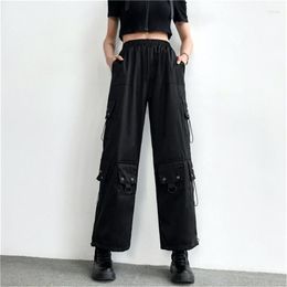 Women's Pants Gothic Style Streetwear Women Black Wide Leg Elastic Waist Both Side Pockets Rope Chain Accessories Trend Hip Hop