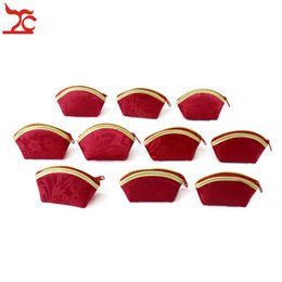 10Pcs Lot Chinese Style Red Silk Jewelry Zipper Pouch Small Seashell Jewelry Packaging Designer Gift Bag Coin Purse Wedding Favor 306U