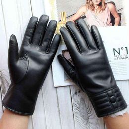 five fingers gloves Touch Screen Sheepskin Gloves Female Leather White Rabbit Fur Lining