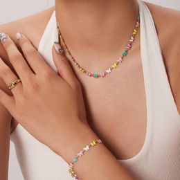 Choker Minar Boho Multicolor Enamel Butterfly Pendant Necklace 18K Gold Plated Stainless Steel For Women Jewellery