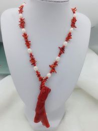 Chains Genuine Red Coral Branch Pink Freshwater Pearl Necklace Pendant Women 28inches 70cm Long