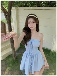Casual Dresses 2022 Summer Two Sides Wear Tube Tops Slim Waist Strapless Lace Bandage Short White And Blue Women Beach Dress