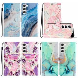 Fashion Marble Geometric Leather Wallet Cases For Samsung S23 Ultra S22 Plus S21 S20 FE Note 20 A04E A34 5G A54 A14 A23 A04 A04S Flower Butterfly Flip Cover ID Card Pouch