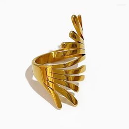 Cluster Rings Peri'sBox Stainless Steel Gold Color Feather Ring For Women Statement PVD Plated Metal Cocktail Finger Jewelry Waterproof