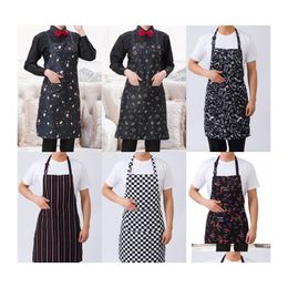 Kitchen Apron Checkered Stripe Hanging Neck Cook Works Clothes Pocket Aprons Waterproof Clean Women Men Pinafore Restaurant 4Jx N2 D Otpnn