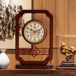 Table Clocks Chinese Solid Wood Double-sided Household Decoration Living Room Pendulum Silent Quartz