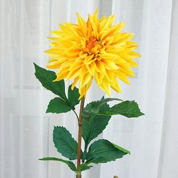 Decorative Flowers Luxury Real Touch Big Dahlia Long Branch With Green Leaf Artificial For Home Room Decor Fake Flower Flores Artificiais