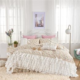 Bedding Sets Korean Princess Lace Ruffles Pastoral Floral Skirt-style Cake Layers Cotton Set Embroidery Pillow Sham Duvet Cover