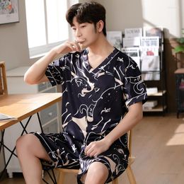 Men's Sleepwear 2022 Summer Short Sleeve Silk Satin V-neck Pyjama Sets For Men Korean Loose Suit Male Pyjama Homewear Home Clothes