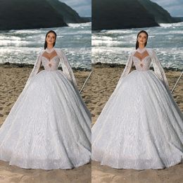 Haute Couture Princess Wedding Dress Sparkly Wraps Manica lunga Abiti da ballo da sposa Paillettes Perline Abiti su misura