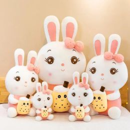 Kids Toy Plush Toys Easter Legged Bunny With Milk tea Cup Stuffed Plush Animals Soft Pink Lying Noble Doll Pillow Cushion Gift Open Surprise