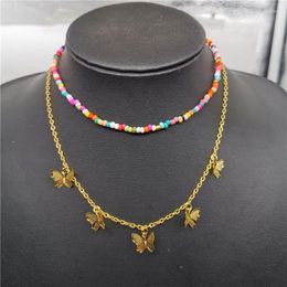 Choker Spring Double Layer Gold Silver Colour Butterfly Clavicle Chian Bohemian Colourful Bead Necklace For Women 2022 Jewellery