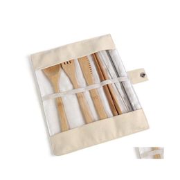 Dinnerware Sets Kitchen Cooking Tools Utensil Wooden Set Teaspoon Fork Soup Knife Catering Cutlery With Cloth Bag Wq206 Drop Deliver Otqph