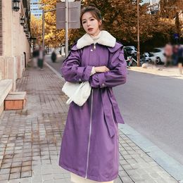 Women's Trench Coats Winter Women's Jacket Purple Tooling Pie To Overcome Long Korean Loose Plus Velvet Thick Fluff Lining Casual