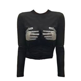 Women's o-neck long sleeve rhinestone hands pattern high waist short t-shirt SML