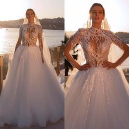 Luxury Ball Gown Wedding Dresses Appliques V Neck Halter Long Sleeves Sparkly Sequins Beads Lace Ruffles Celebrity Floor Length Luxury Bridal Gowns Plus Size