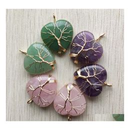 Arts And Crafts Natural Amethyst Stone Charms Tree Of Life Golden Wire Wrapped Love Heart Healing Pendants For Jewellery Marking Sport Dhsve