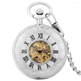 Pocket Watches Silver Double Opened Mechanical Watch Hand Wind Roman Dial Pendant Clock Flip Shield Design Back Cover Gift For Men Women