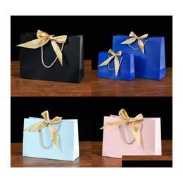 Gift Wrap Bow Square Bottom Packaging Bag Pure Colour Silk Ribbon Handbags Paper Packing Package Party Colourf Charm 2 3Kz N2 Drop D Oto4V