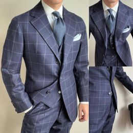 Men's Suits Navy Plaid Men Suit Tailor-Made 3 Pieces Blazer Vest Pants Single Breasted Jacket Tuxedo Modern Wedding Groom Prom Tailored