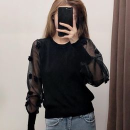 Women's Sweaters Personality Women Black Sweater Patchwork Transparent Sleeve Autumn 2022 Fashion O-Neck Knit Tops Modern Lady Pullover