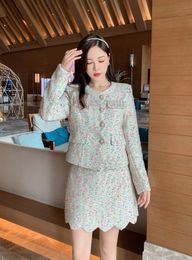Women's o-neck long sleeve colorful tweed woolen coat and skirt 2 piece dress suit SML