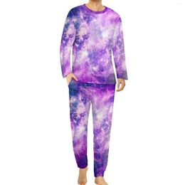 Men's Sleepwear Purple Starry Space Pyjamas Galay Print Men Long Sleeves Lovely Set 2 Pieces Sleep Autumn Pattern Home Suit Gift