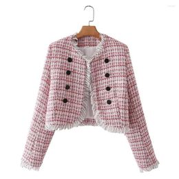 Women's Suits ZAA Autumn 2022 Chic And Elegant Round Neck Button-up Plate-print Woollen Vintage Casual Short Quality Long-sleeved Suit Jacket