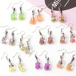 Lovely Fruit Milk Tea Drink Bottle Dangle Earrings Fashion Candy Colour Lemon Apple Creative Earring for Women Jewellery