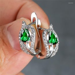 Hoop Earrings Cute Female Green Stone Luxury Crystal Leaf Charm Silver Colour Wedding For Women