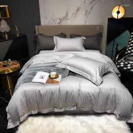 Bedding Sets 1000TC Cotton Bedlinen Jacquard Stripe Grey Bedcover Duvet Cover Bedsheet Pillowcase Set 4pcs Bed