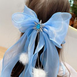 Hair Accessories Princess Pompom Big Blue Bows Clip For Kids Children Long Ribbon Duckbill Hairpins Girl School Hairgrips Headwear Gift