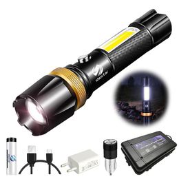 Waterproof LED Flashlight With COB Torches side light Rotary zoom 3 lighting modes Powered by 18650 battery for camping