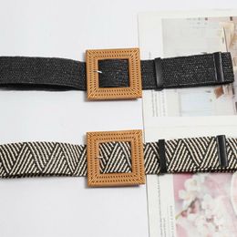 Belts 2022 Est Fashion Women Elastic Casual Square Wooden Buckle Straw Belt Braided Woven Waistband 3 Color