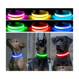 Dog Collars Leashes Led Luminous Collar Adjustable Glowing Usb Rechargea Flashing Antilost/Avoid Car Accident Dogs Pet Products Dr Dhgvu
