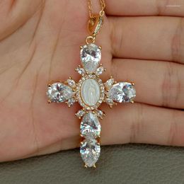 Pendant Necklaces 17.5" Shell Pearl Cubic Zirconia Micro Pave Necklace Virgin Mary Cross Necklacereligious Style For Women Girl