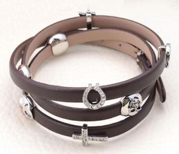 Charm Bracelets European Style Silver Plated Crystal Slide Wrap Leather Bangle Bracelet Women Jewelry