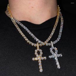 Choker Gold Silver Colour Necklace Cross Iced Out Chain Jewellery 24" Tennis Filled Pendant Hip Hop Mens