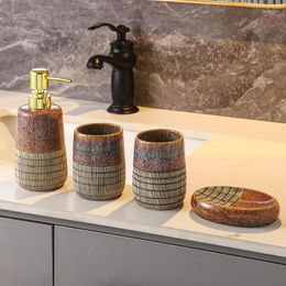 Bath Accessory Set Bathroom Accessories Ceramic Toothpaste Dispenser Soap Bottle Cup Dish Retro Kiln Texture