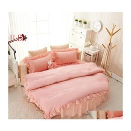 Bedding Sets Home Round Bedskirt Add Duvet Er Pillowcase 100 Cotton Bed Set With Ruffles 4Pcs/Set Princess Bedclothes 220X220Cm Drop Dhmkb