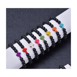 Arts And Crafts 8Mm Black Lava Stone Beads Colorf Cross Charms Elastic Strand Bracelet Bangle For Women Men Jewellery Sports2010 Drop Dhtsz