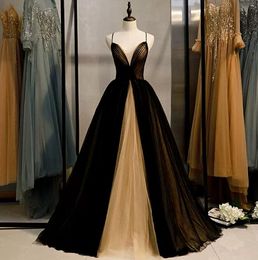 Black and Champagne V-neck Prom Dress Tulle Floor-length Ruffle Spaghetti Bridesmaid Dresses